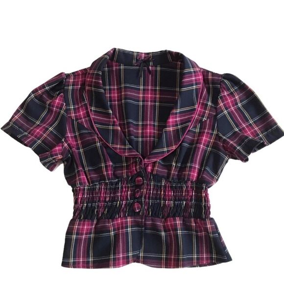 Wet Seal Plaid Three Button Smocked Waist Peplum Preppy Academia Top Sz XL - Picture 3 of 14